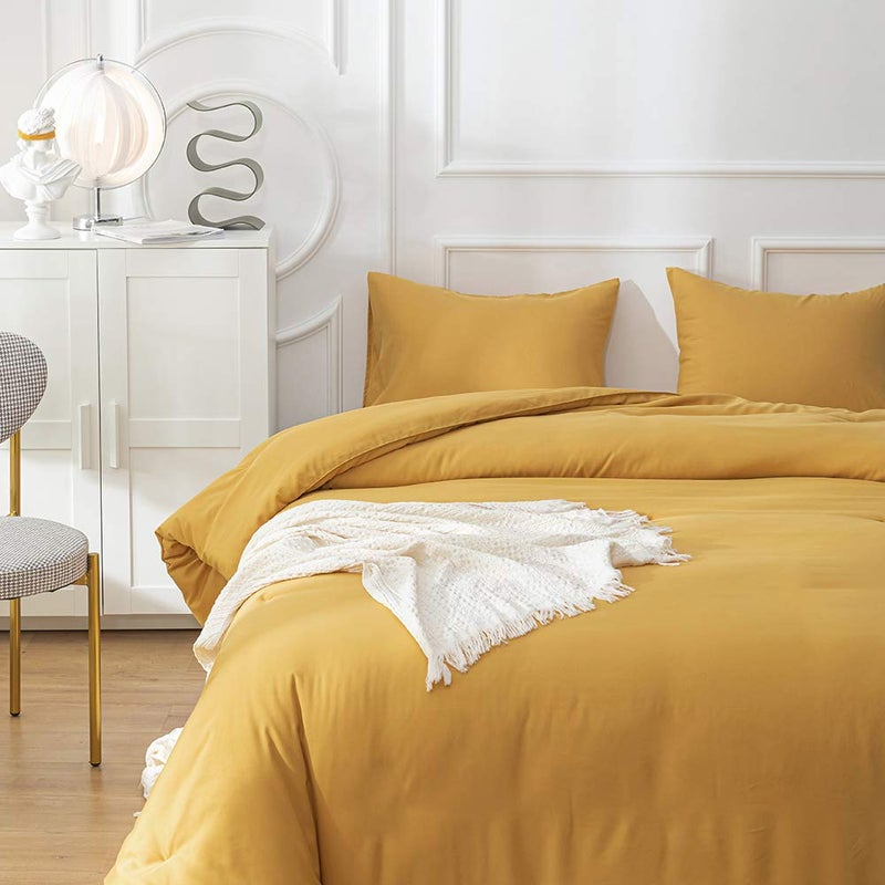 CLOTHKNOW Mustard Yellow King Size Comforter Set 3Pcs Yellow Bedding Comforter Sets Soft All Season Cozy Turmeric Comforter with 2 x Pillow Cases - Image 4